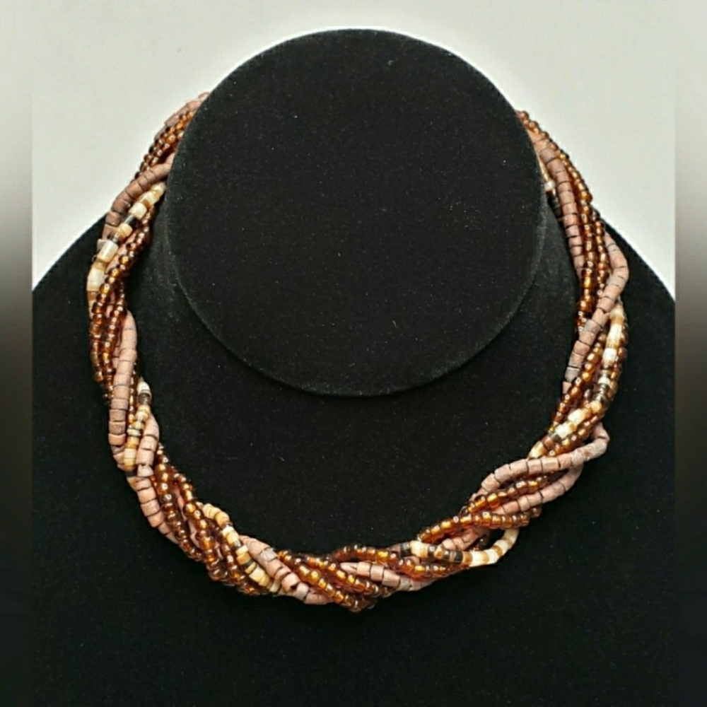 90s Vintage Necklace Choker Twisted Brown Wood Beads Metallic Amber Seed MN50